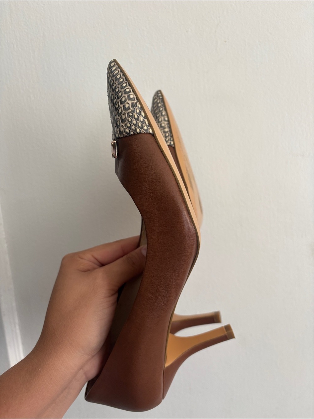 COACH Brown Leather Pointed Toe Flats with Patterned Toe and Gold Plaque - Picture 14 of 16